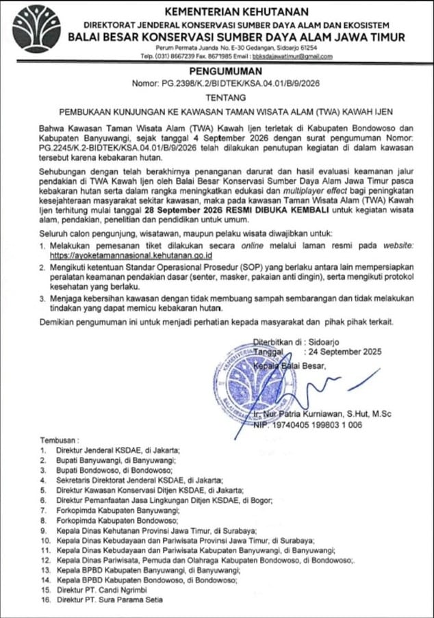 Official Announcement BKSDA East Java Ijen Reopening